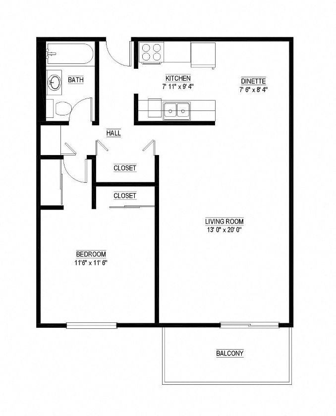 Floor plan for 1 bed, 1 bath, 710 sqft